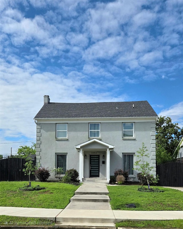 view of front of property featuring stucco siding and a chimney