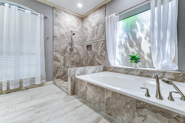 full bath with a bath and a tile shower