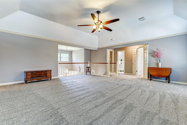 unfurnished room featuring high vaulted ceiling, a ceiling fan, visible vents, carpet floors, and baseboards