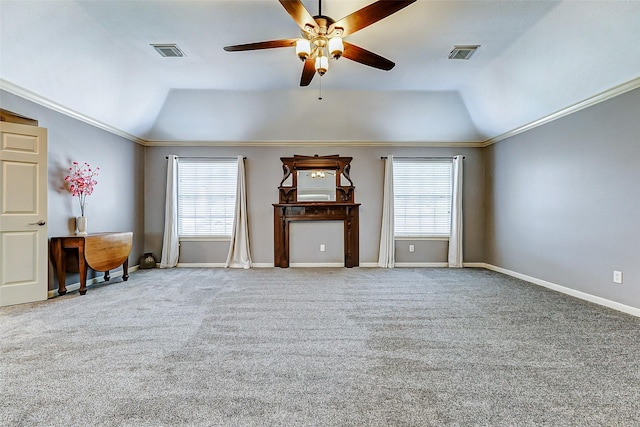 carpeted living area featuring visible vents, a ceiling fan, plenty of natural light, and vaulted ceiling