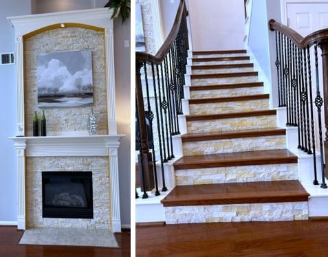 11603 Shoal Landing St, Pearland, TX 77584 - staircase with a fireplace with flush hearth and wood finished floors