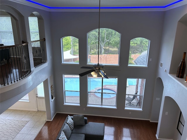 11603 Shoal Landing St, Pearland, TX 77584 - living room featuring healthy amount of natural light, ceiling fan, and wood finished floors
