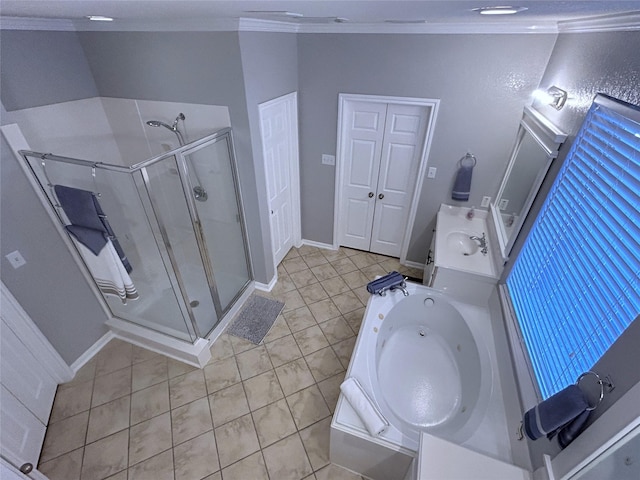 11603 Shoal Landing St, Pearland, TX 77584 - bathroom featuring crown molding, a shower stall, tile patterned flooring, a jetted tub, and vanity