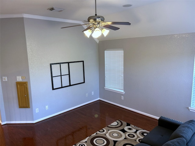 11603 Shoal Landing St, Pearland, TX 77584 - unfurnished living room featuring dark wood-style floors, ceiling fan, baseboards, and ornamental molding