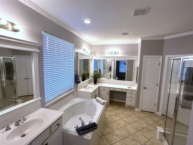 11603 Shoal Landing St, Pearland, TX 77584 - bathroom featuring a shower stall, a jetted tub, ornamental molding, and vanity