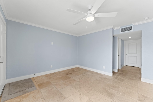 spare room featuring baseboards, visible vents, crown molding, and ceiling fan