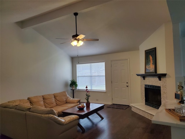 13002 Nantucket Dr, Sugar Land, TX 77478 - living area featuring a tile fireplace, dark wood-style floors, baseboards, lofted ceiling with beams, and ceiling fan