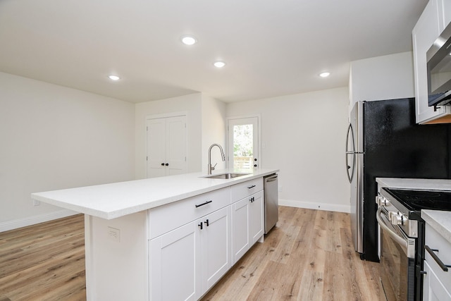 kitchen featuring a sink, appliances with stainless steel finishes, light wood finished floors, baseboards, and white cabinetry