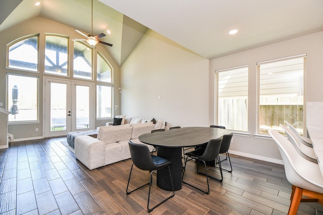 11115 Elderflower Dr, Missouri City, TX 77459 - dining area featuring lofted ceiling, plenty of natural light, ceiling fan, recessed lighting, and dark wood finished floors