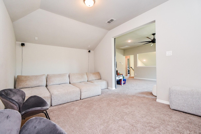 11115 Elderflower Dr, Missouri City, TX 77459 - carpeted living room with lofted ceiling, ceiling fan, and baseboards