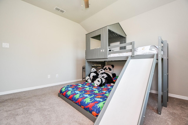 11115 Elderflower Dr, Missouri City, TX 77459 - bedroom with carpet, vaulted ceiling, baseboards, and ceiling fan