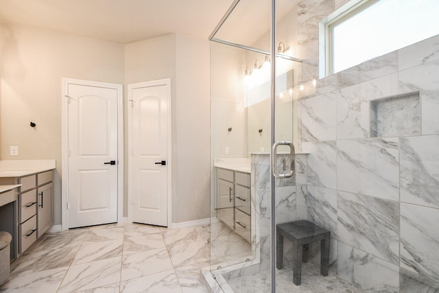 11115 Elderflower Dr, Missouri City, TX 77459 - full bath featuring vanity, a stall shower, marble finish floors, and baseboards