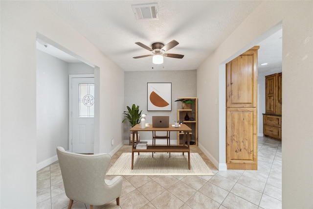 4010 Bluebonnet Trl, Deer Park, TX 77536 - home office with light tile patterned flooring, a ceiling fan, and a textured ceiling