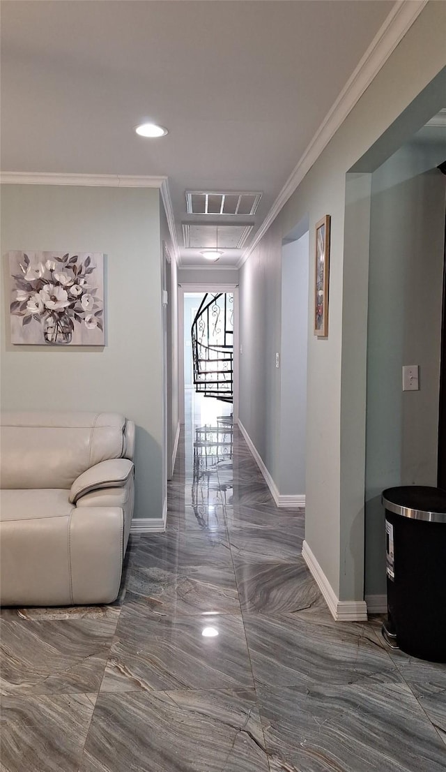 hallway with baseboards, marble finish floor, and crown molding