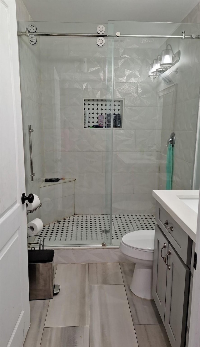 full bathroom with toilet, vanity, and a shower stall