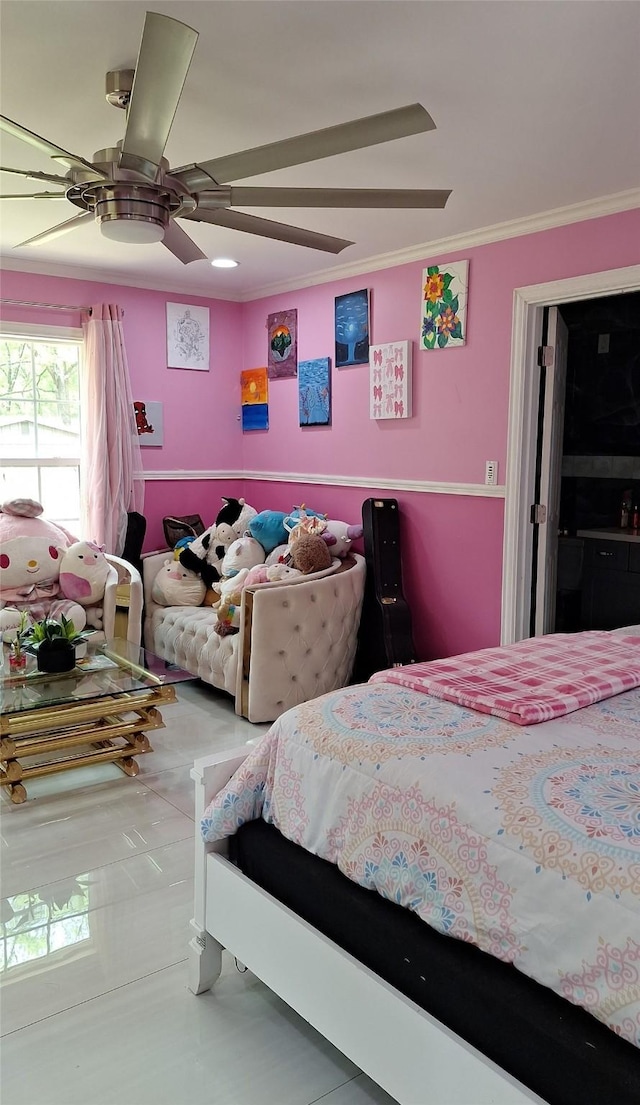 tiled bedroom with ceiling fan and crown molding