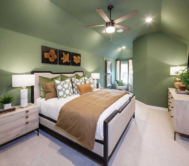 211 Cypress Pond Pl, Montgomery, TX 77316 - bedroom with light colored carpet, lofted ceiling, baseboards, and a ceiling fan