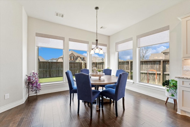 dining room with baseboards, visible vents, and dark wood finished floors
