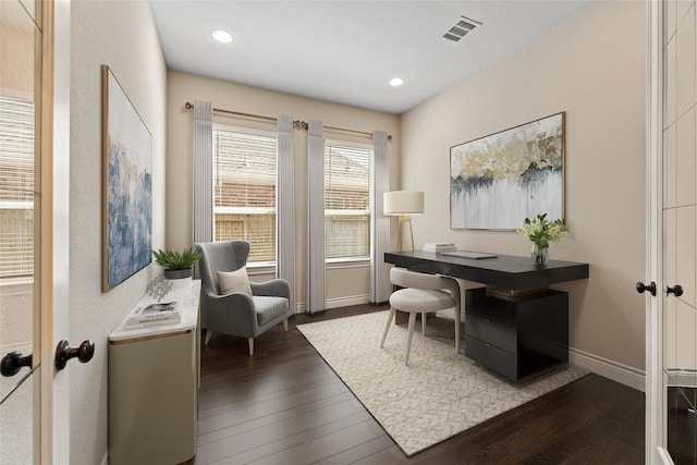 office featuring recessed lighting, baseboards, visible vents, and dark wood-style floors