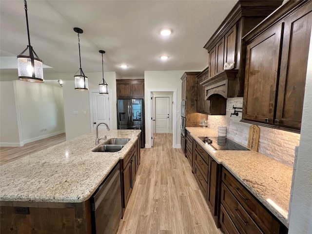 kitchen with dark brown cabinetry, backsplash, a sink, dishwasher, and black electric stovetop