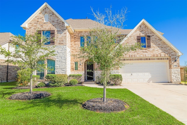3002 Mildred Hill Ln, Richmond, TX 77406 - traditional-style home with stone siding, brick siding, concrete driveway, and a front lawn