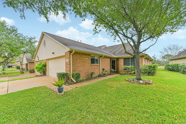 831 Woodfern Glen Ln, Pearland, TX 77584 - ranch-style house with a garage, brick siding, a front yard, concrete driveway, and a shingled roof