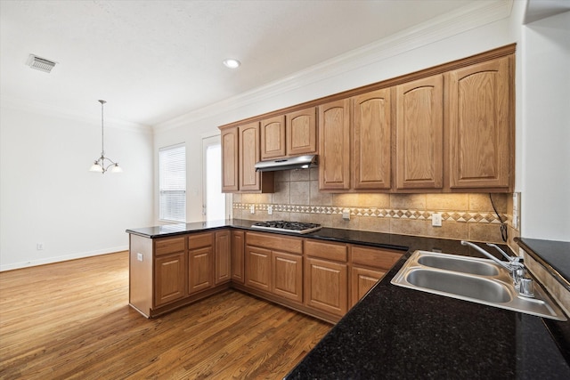 5309 Elm St, Houston, TX 77081 - kitchen featuring stainless steel gas cooktop, under cabinet range hood, a sink, visible vents, and a peninsula