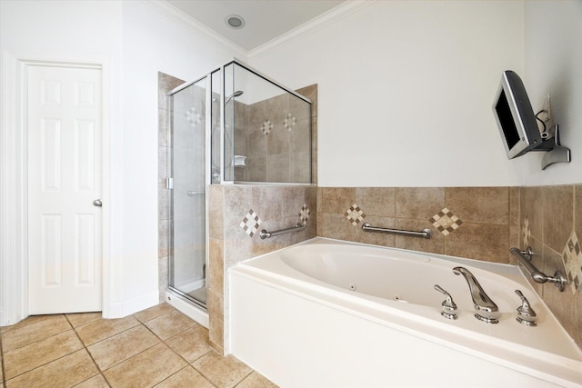 5309 Elm St, Houston, TX 77081 - bathroom featuring tile patterned floors, a bath, ornamental molding, and a shower stall