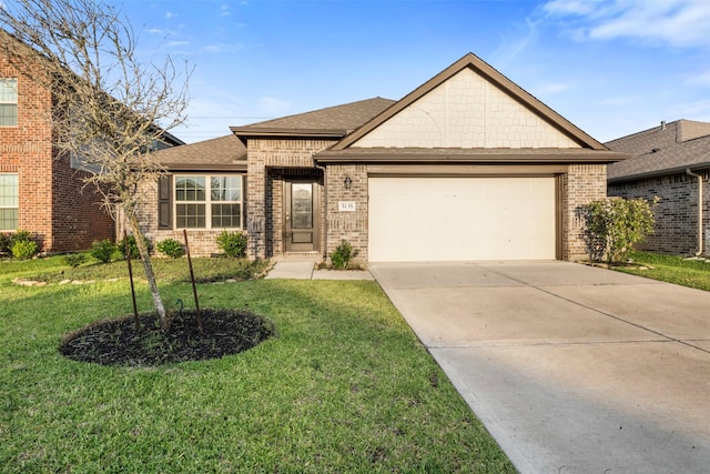 5135 Dunstable Manor Ln, Rosharon, TX 77583 - view of front facade with brick siding, an attached garage, a front yard, driveway, and a shingled roof