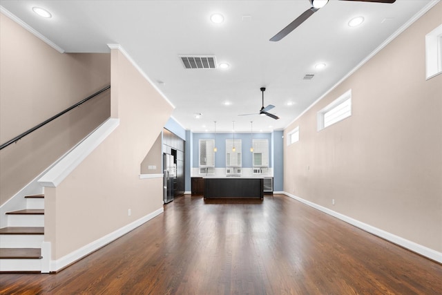 living area with a ceiling fan, stairway, recessed lighting, dark wood-style flooring, and baseboards