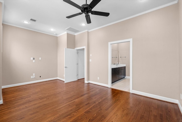 unfurnished bedroom with baseboards, ornamental molding, recessed lighting, visible vents, and light wood finished floors