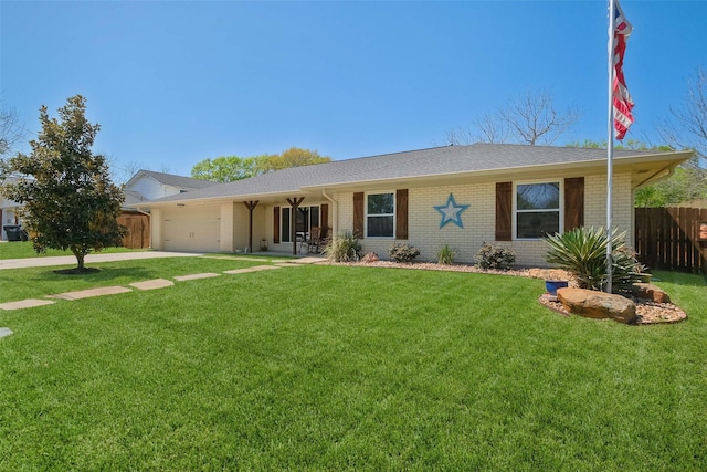 ranch-style home featuring a front yard, concrete driveway, fence, brick siding, and a garage