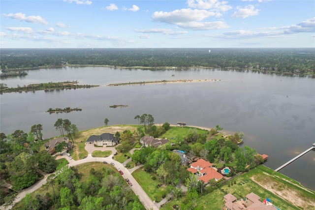 aerial view featuring a wooded view and a water view