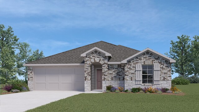 12520 Tarres Ct, Lorena, TX 76655 - view of front of house with driveway, stone siding, a front lawn, a shingled roof, and a garage