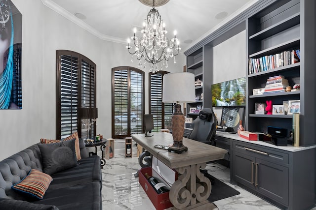 34 New Oak Trl, Humble, TX 77346 - office space with light marble finish flooring, ornamental molding, built in features, and a chandelier