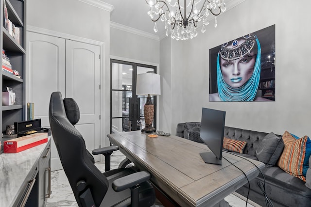 34 New Oak Trl, Humble, TX 77346 - home office with crown molding, a chandelier, and light marble finish floors