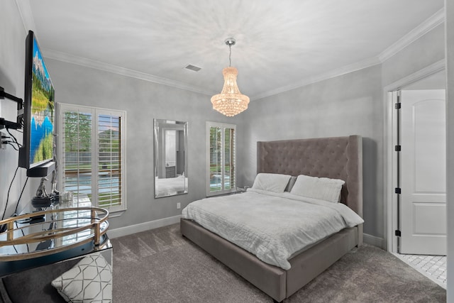 34 New Oak Trl, Humble, TX 77346 - bedroom featuring a chandelier, carpet flooring, baseboards, and crown molding