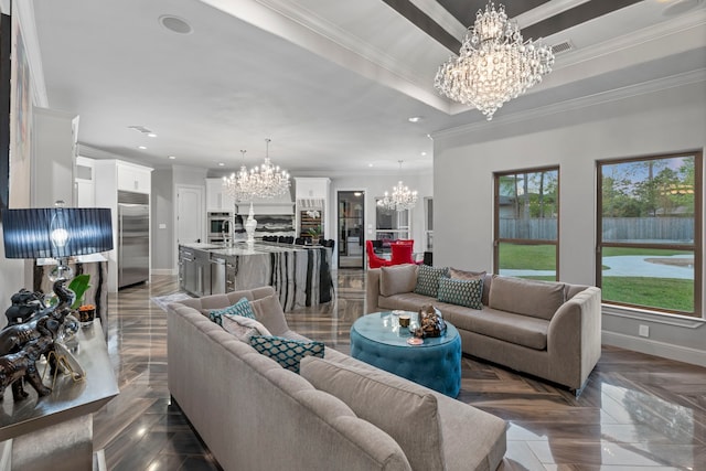 34 New Oak Trl, Humble, TX 77346 - living room featuring a chandelier, ornamental molding, recessed lighting, and baseboards