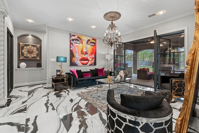 34 New Oak Trl, Humble, TX 77346 - living room with an inviting chandelier, visible vents, marble finish floor, and ornamental molding