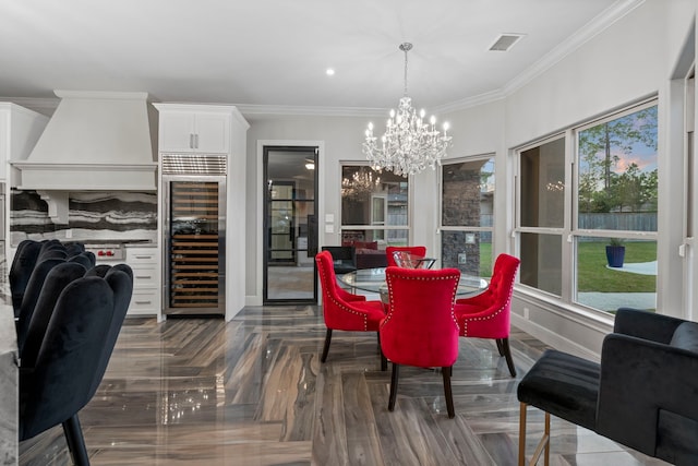 34 New Oak Trl, Humble, TX 77346 - dining space with wine cooler, ornamental molding, visible vents, plenty of natural light, and a notable chandelier