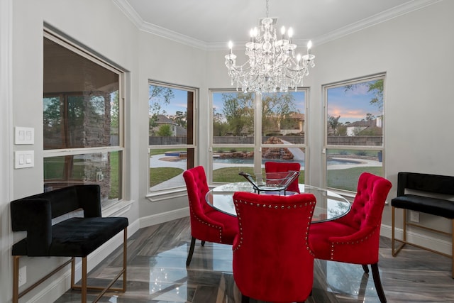 34 New Oak Trl, Humble, TX 77346 - dining area featuring a chandelier, ornamental molding, and baseboards