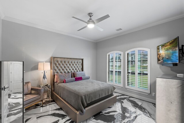 34 New Oak Trl, Humble, TX 77346 - bedroom with marble look tiles, crown molding, baseboards, and ceiling fan