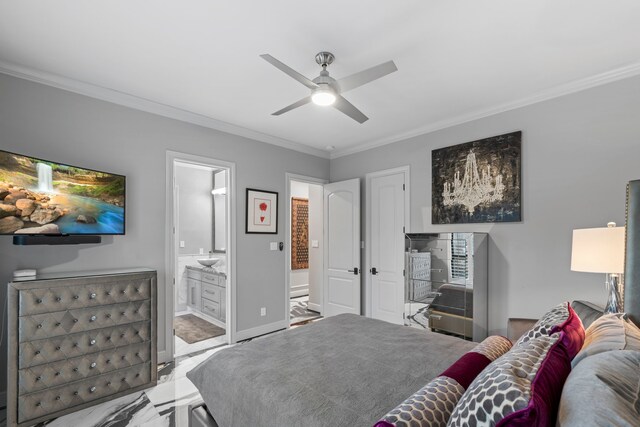 34 New Oak Trl, Humble, TX 77346 - bedroom featuring ornamental molding, ensuite bathroom, a ceiling fan, and baseboards