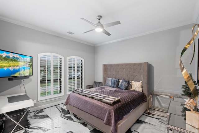 34 New Oak Trl, Humble, TX 77346 - bedroom featuring marble look tiles, ornamental molding, and a ceiling fan