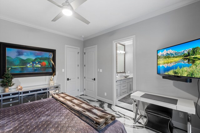 34 New Oak Trl, Humble, TX 77346 - bedroom featuring marble finish flooring, ornamental molding, connected bathroom, baseboards, and a ceiling fan
