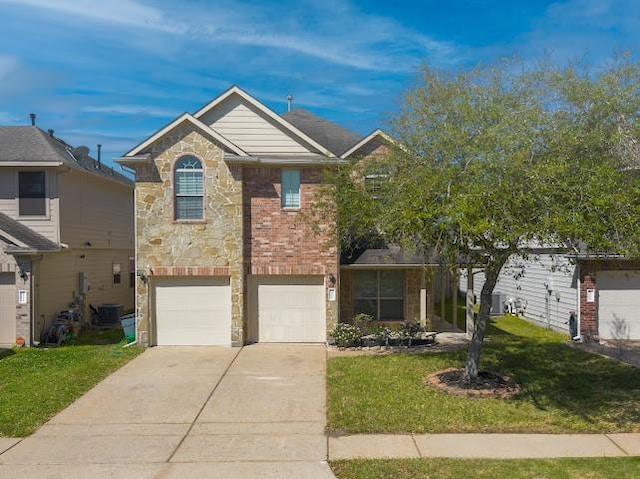 view of front of property featuring stone siding, concrete driveway, an attached garage, brick siding, and a front lawn