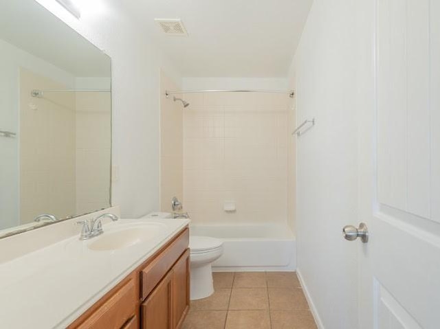 bathroom with tile patterned flooring, vanity, toilet, visible vents, and shower / bathtub combination