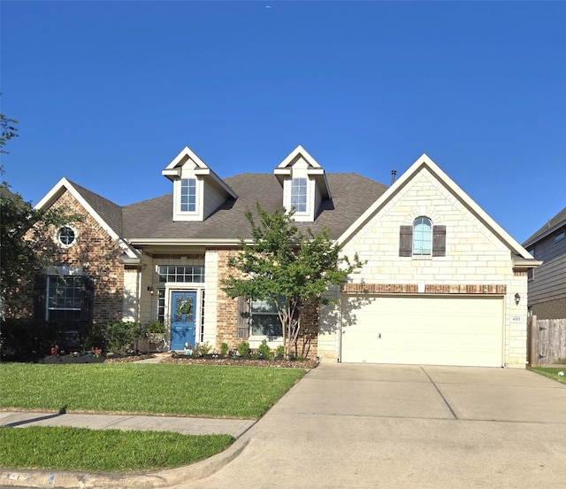 4321 Juniper Ln, Deer Park, TX 77536 - view of front of property featuring concrete driveway, a front lawn, roof with shingles, brick siding, and a garage
