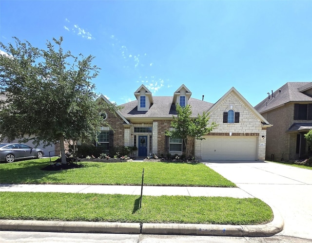 4321 Juniper Ln, Deer Park, TX 77536 - view of front facade with a front yard, an attached garage, concrete driveway, brick siding, and stone siding