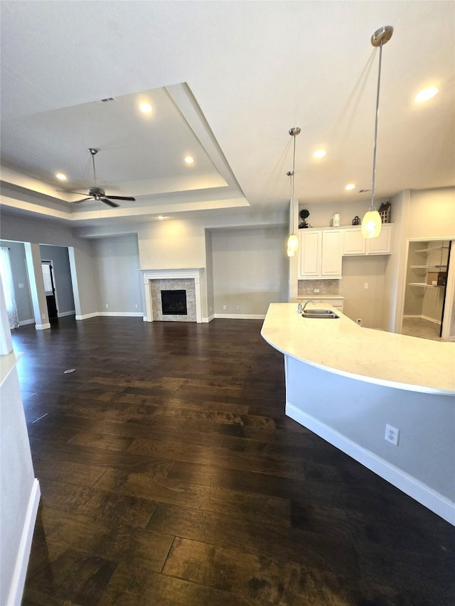 4321 Juniper Ln, Deer Park, TX 77536 - kitchen featuring a sink, a tray ceiling, a ceiling fan, dark wood-style flooring, and recessed lighting